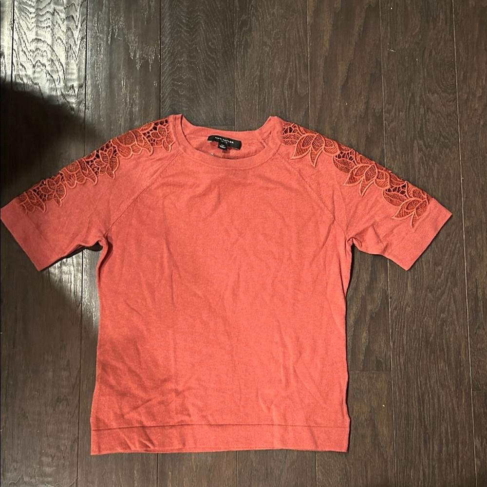 Ann Taylor short sleeve sweater embroidered sleeves SP